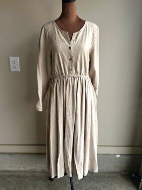 Anysize Custom V-neck Functional Buttons Long Sleeves Linen Cotton Dress